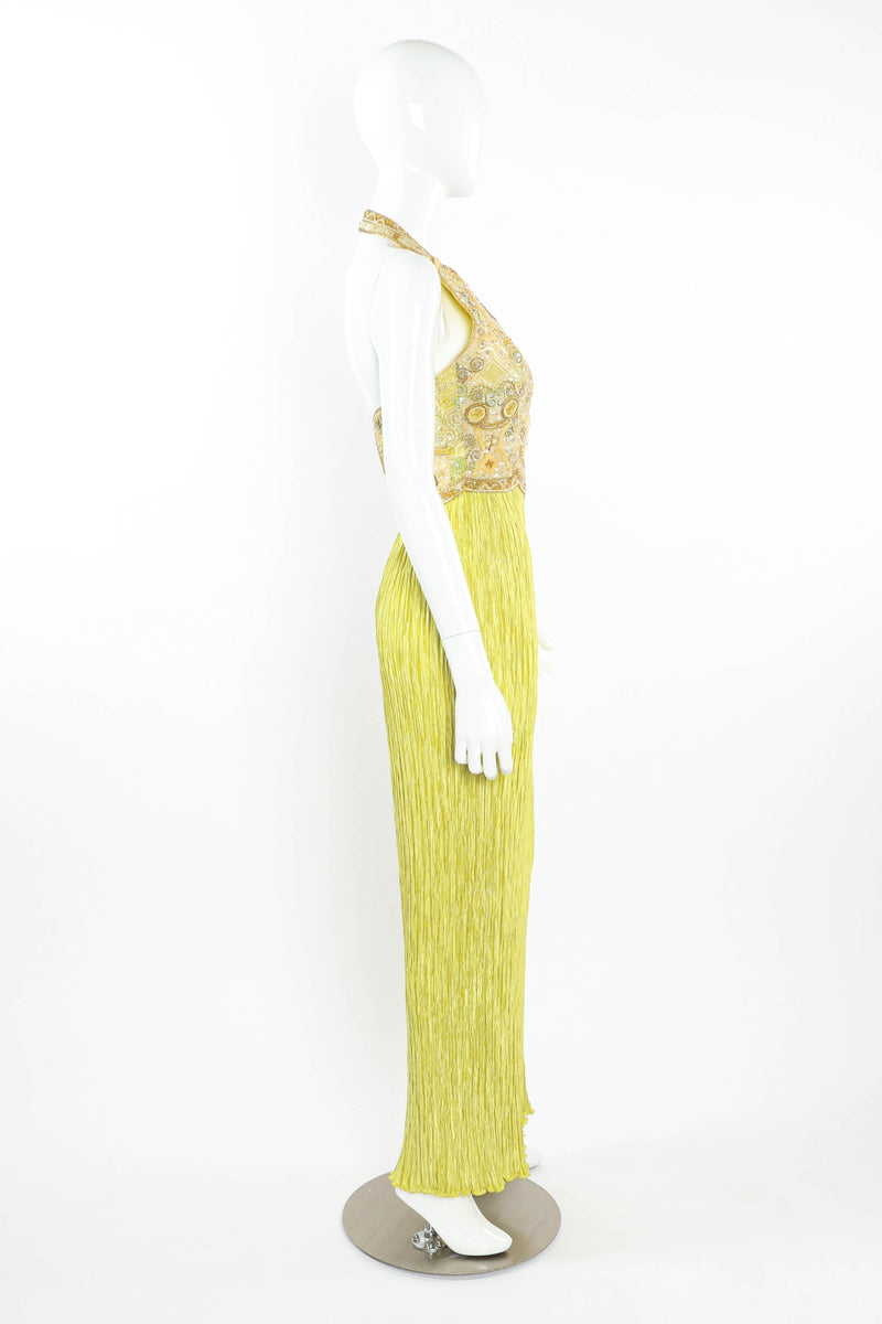 Vintage Mary McFadden Beaded Crinkle Pleat Halter Dress mannequin side  @ Recess LA