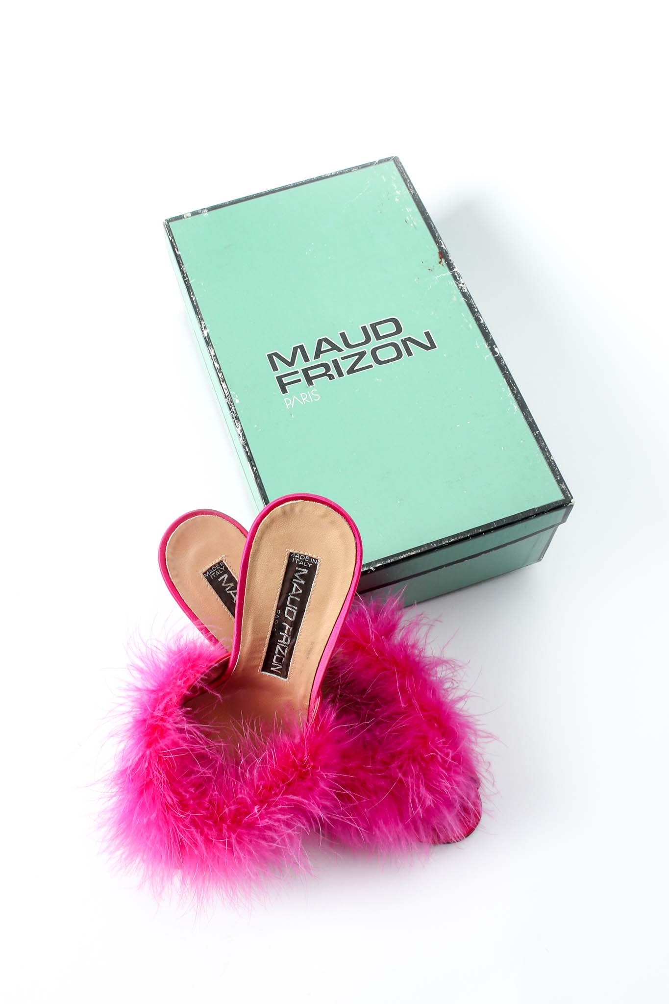 Vintage Maud Frizon Shocking Pink Marabou Mules box at Recess Los Angeles