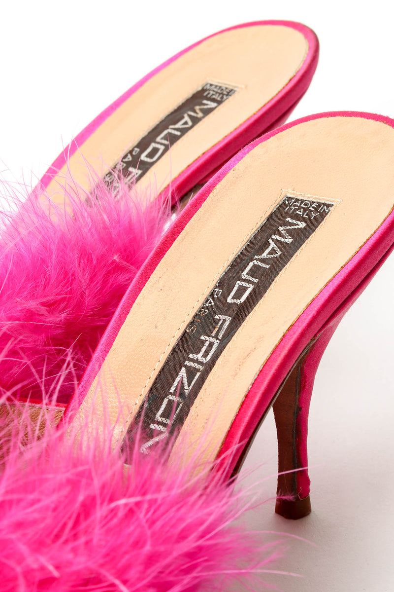 Vintage Maud Frizon Shocking Pink Marabou Mules label at Recess Los Angeles