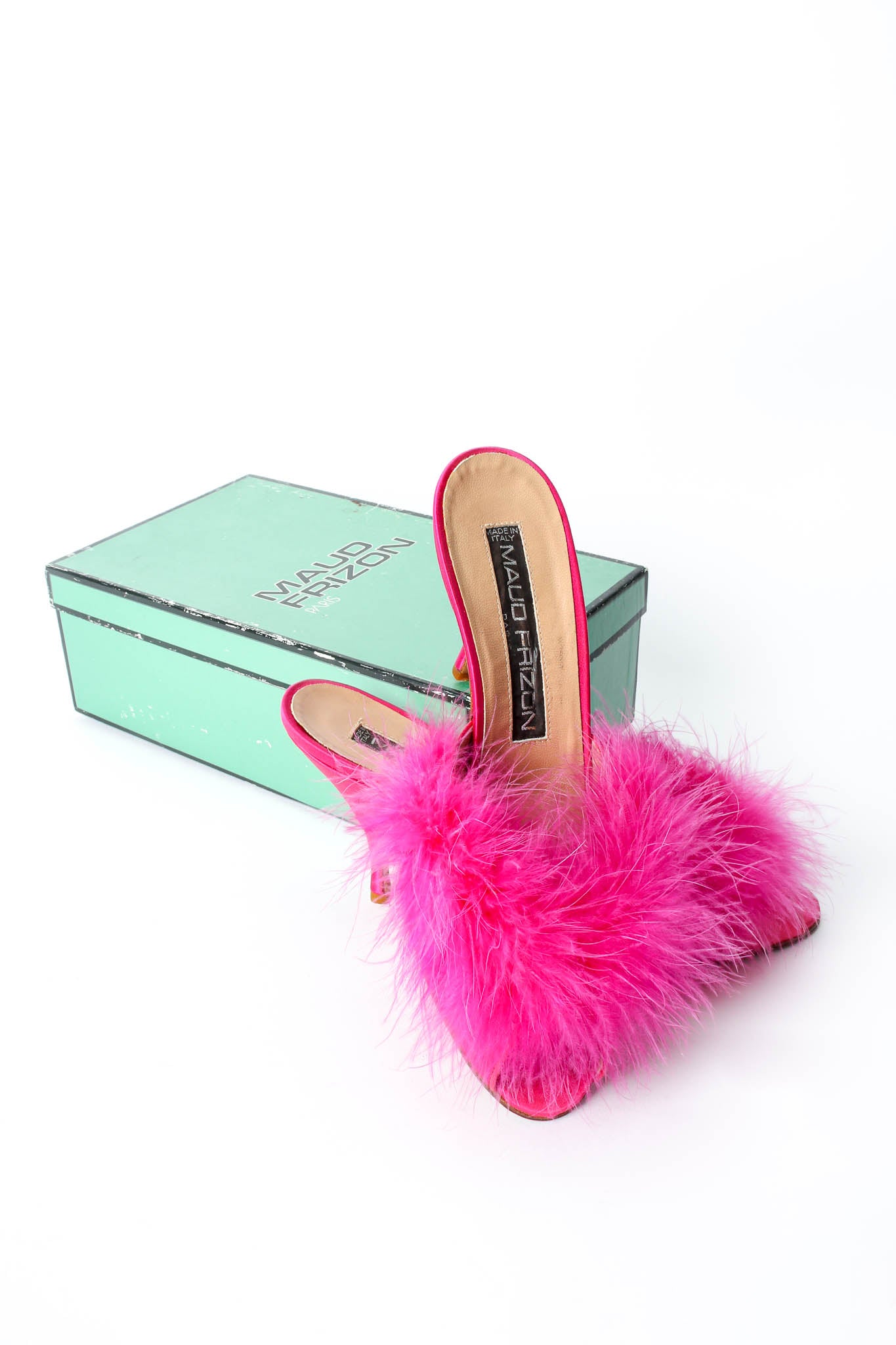 Vintage Maud Frizon Shocking Pink Marabou Mules box at Recess Los Angeles