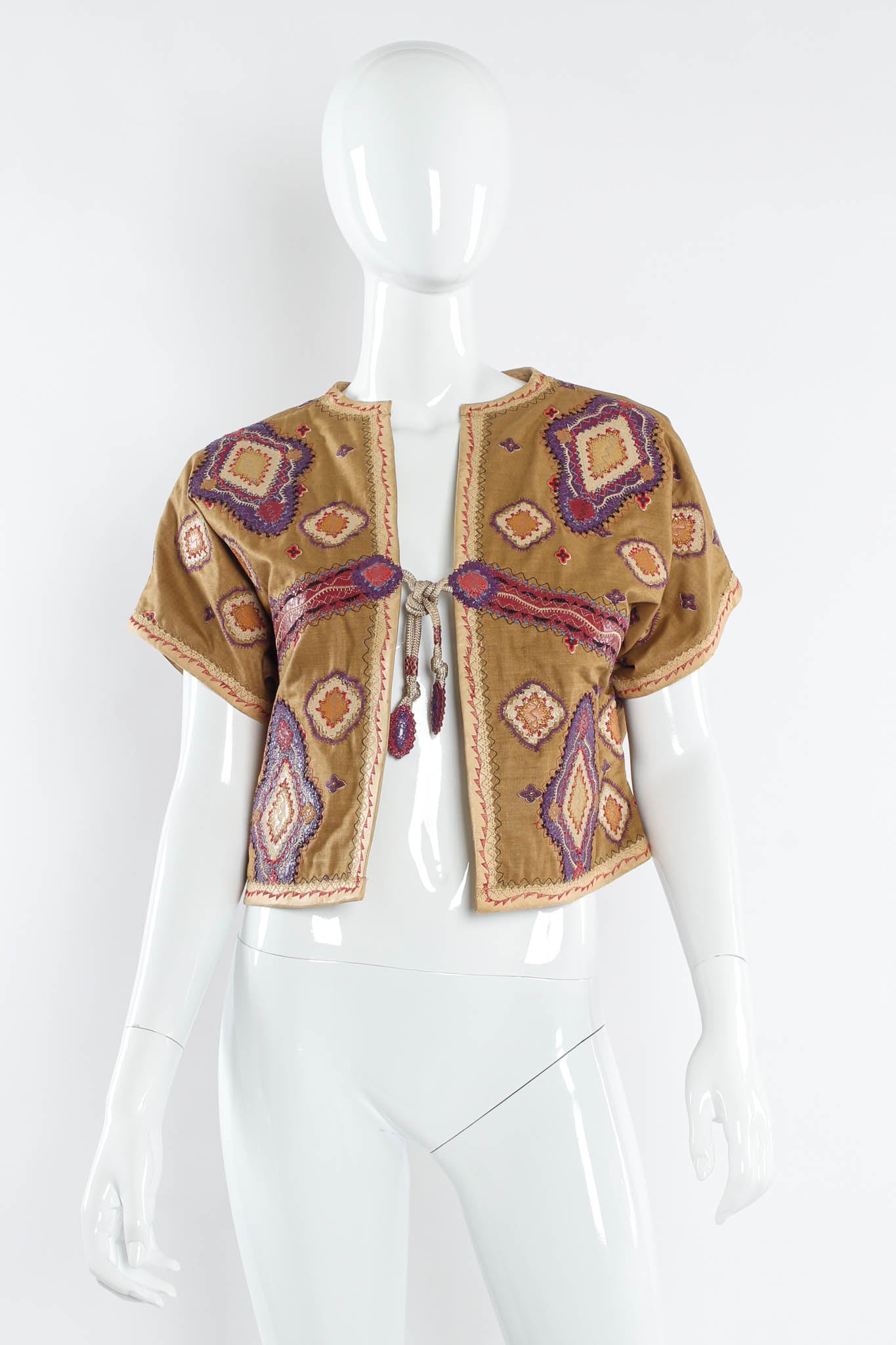 Vintage 1987 Maxine Clement Exotica Leather Patchwork Top mannequin front @ Recess Los Angeles