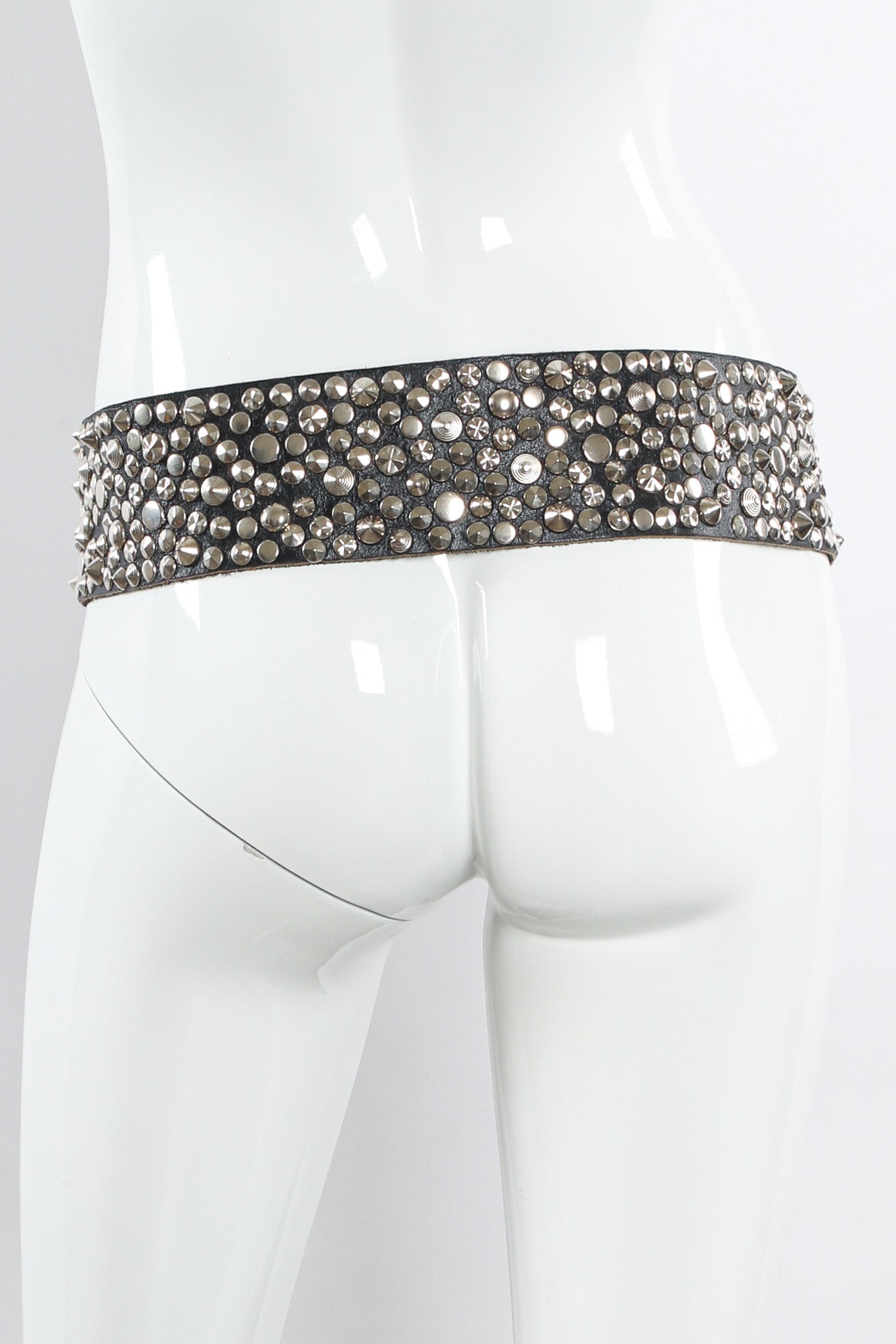 Silver studded black leather belt by Michael Morrison MX mannequin back @recessla