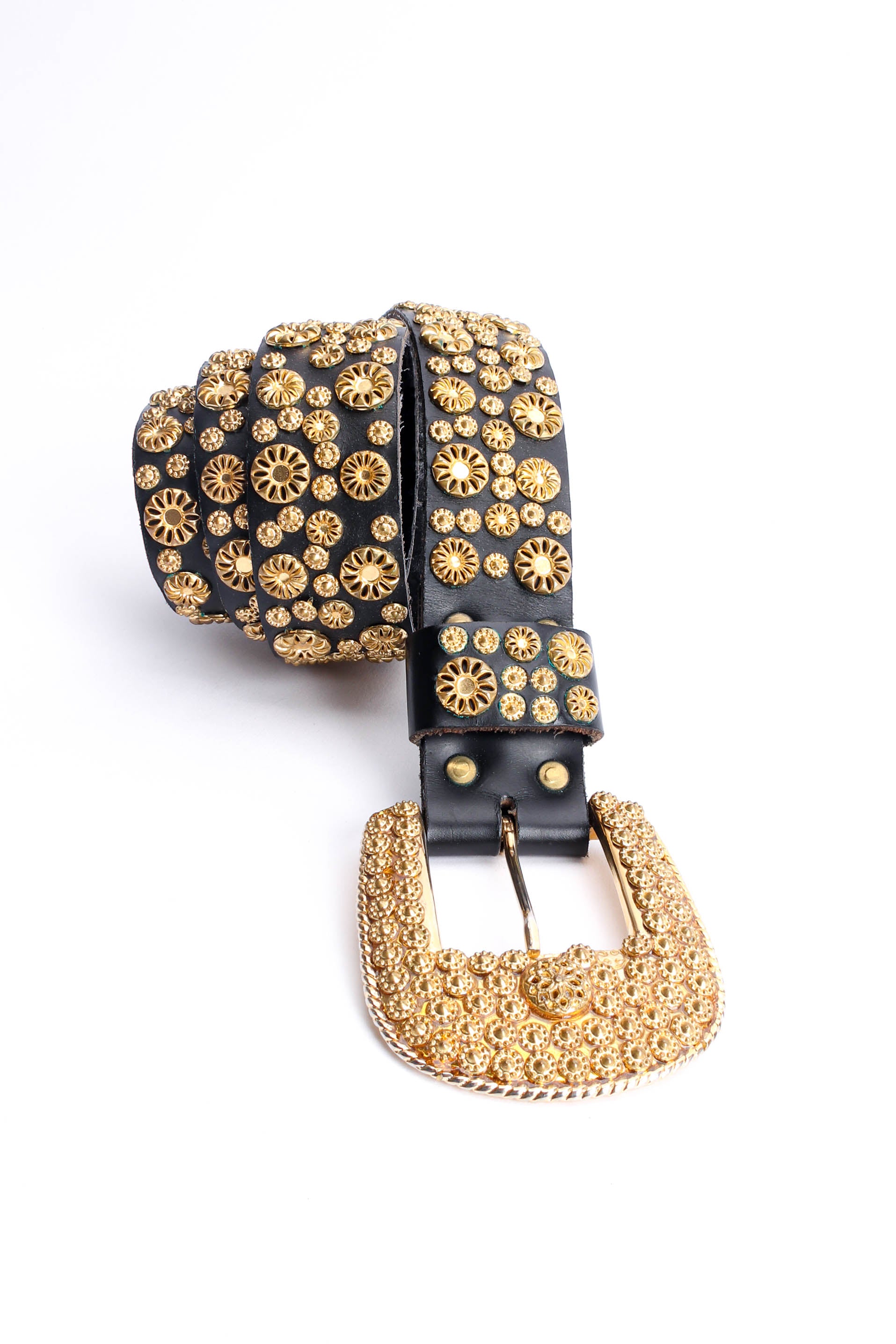 Vintage Michael Morrison Floral Filigree-Studded Belt flat lay rolled up @ Recess LA