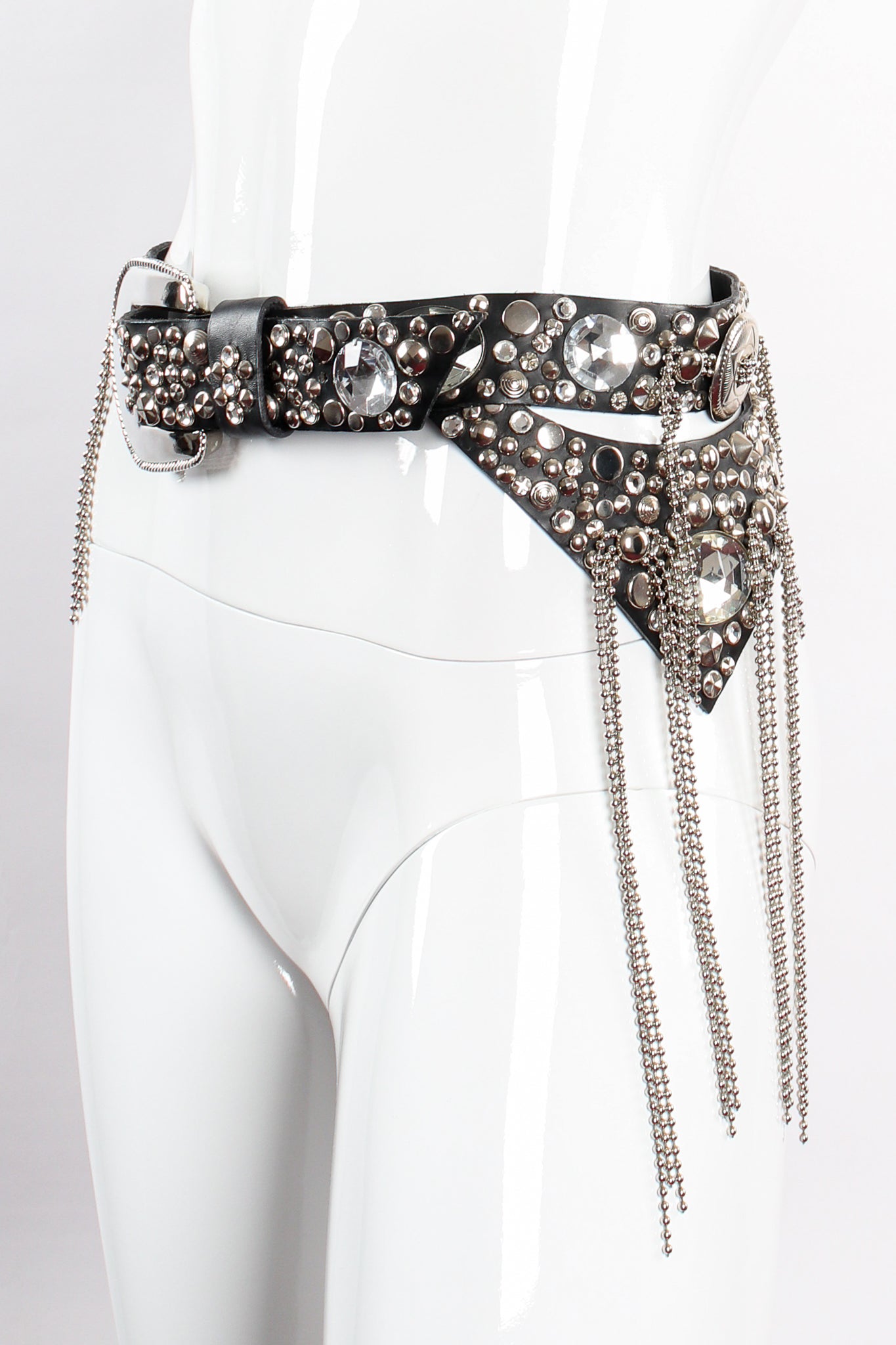 Vintage Michael Morrison Studded Chain Fringe Belt on mannequin at Recess Los Angeles