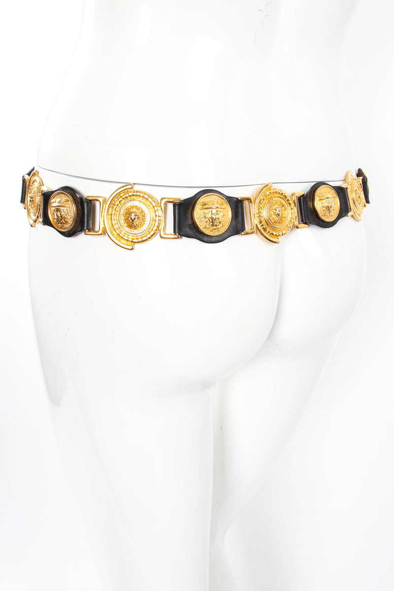 Vintage Milos Italy Leather Linked Medusa Belt on mannequin at Recess Los Angeles