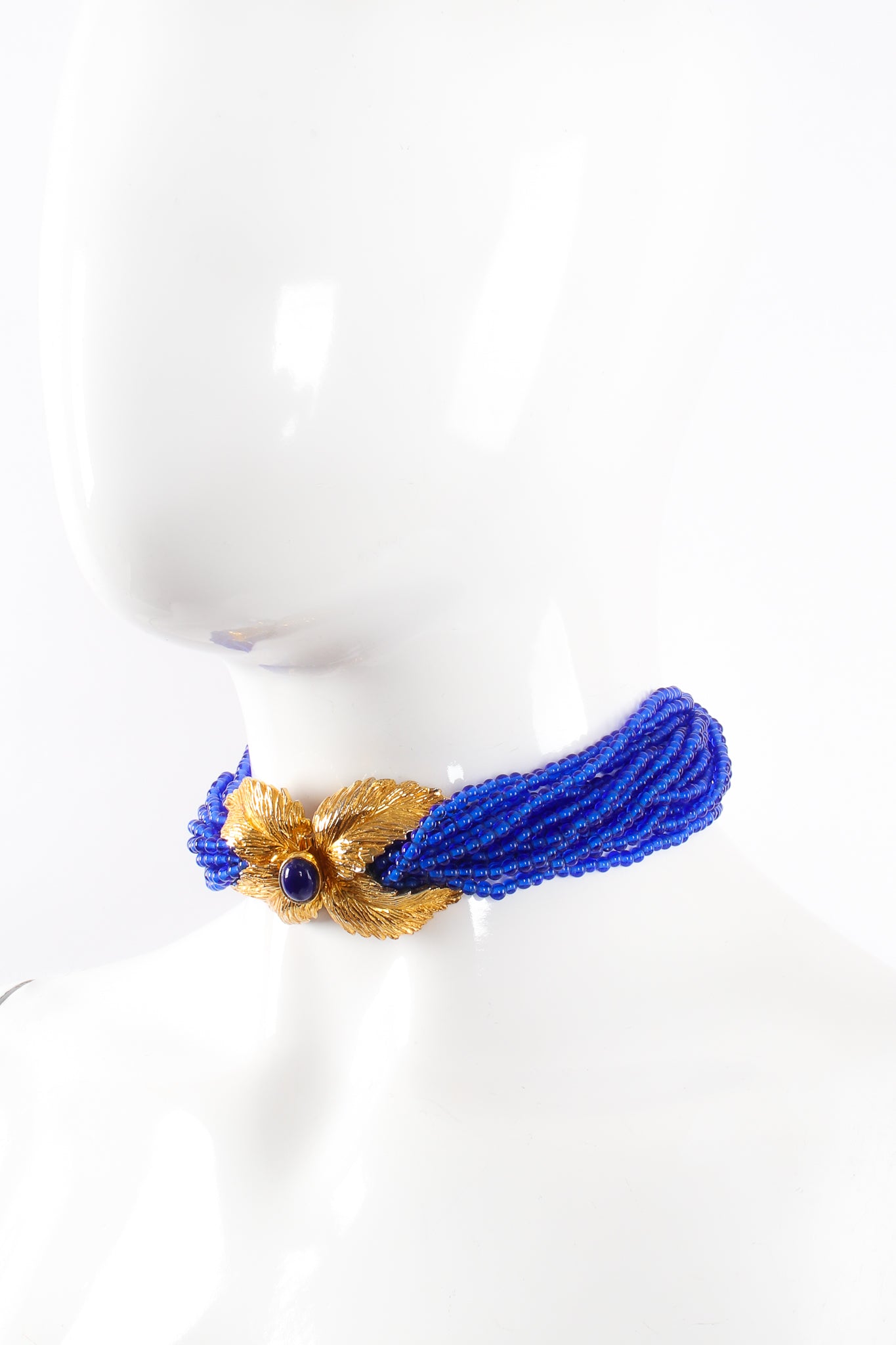 Vintage Mimi Di N Beaded Cobalt Leaf Collar Necklace on mannequin at Recess Los Angeles