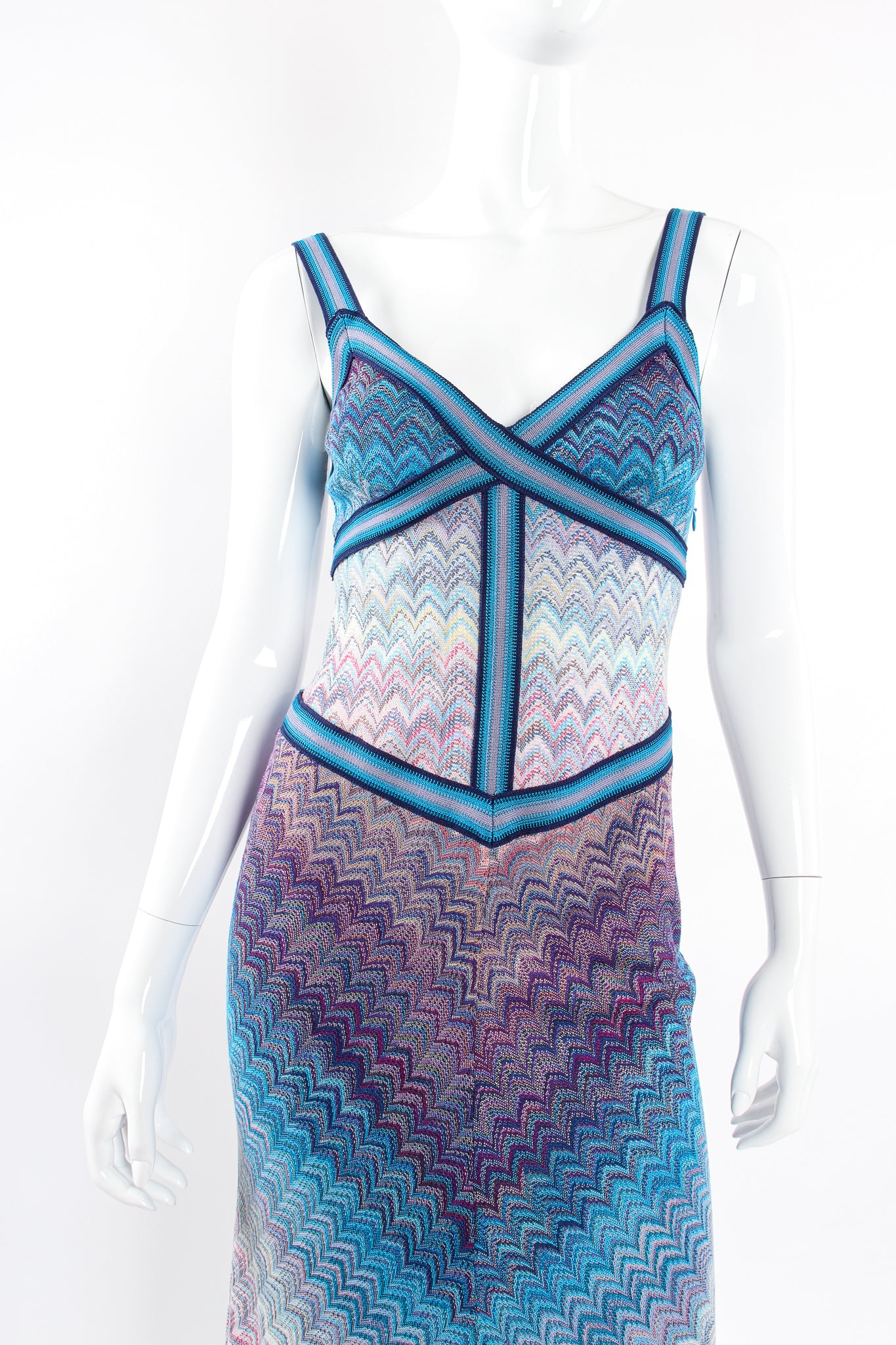 Vintage Missoni Ombre Chevron Fiamma Knit Triangle Dress on Mannequin front crop @ Recess LA