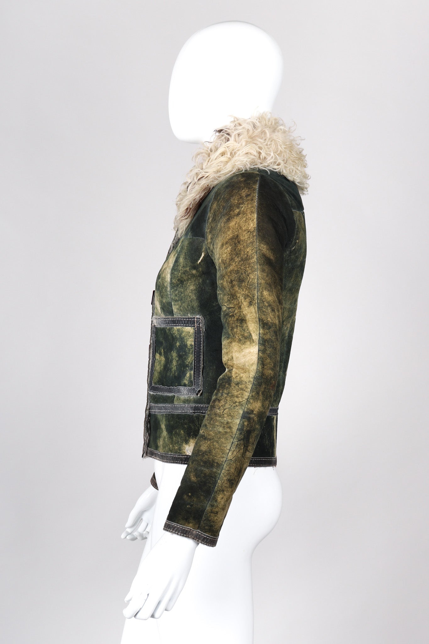 Recess Los Angeles Vintage Miura Marbleized Tie Dye Suede Green Fur Collar Jacket