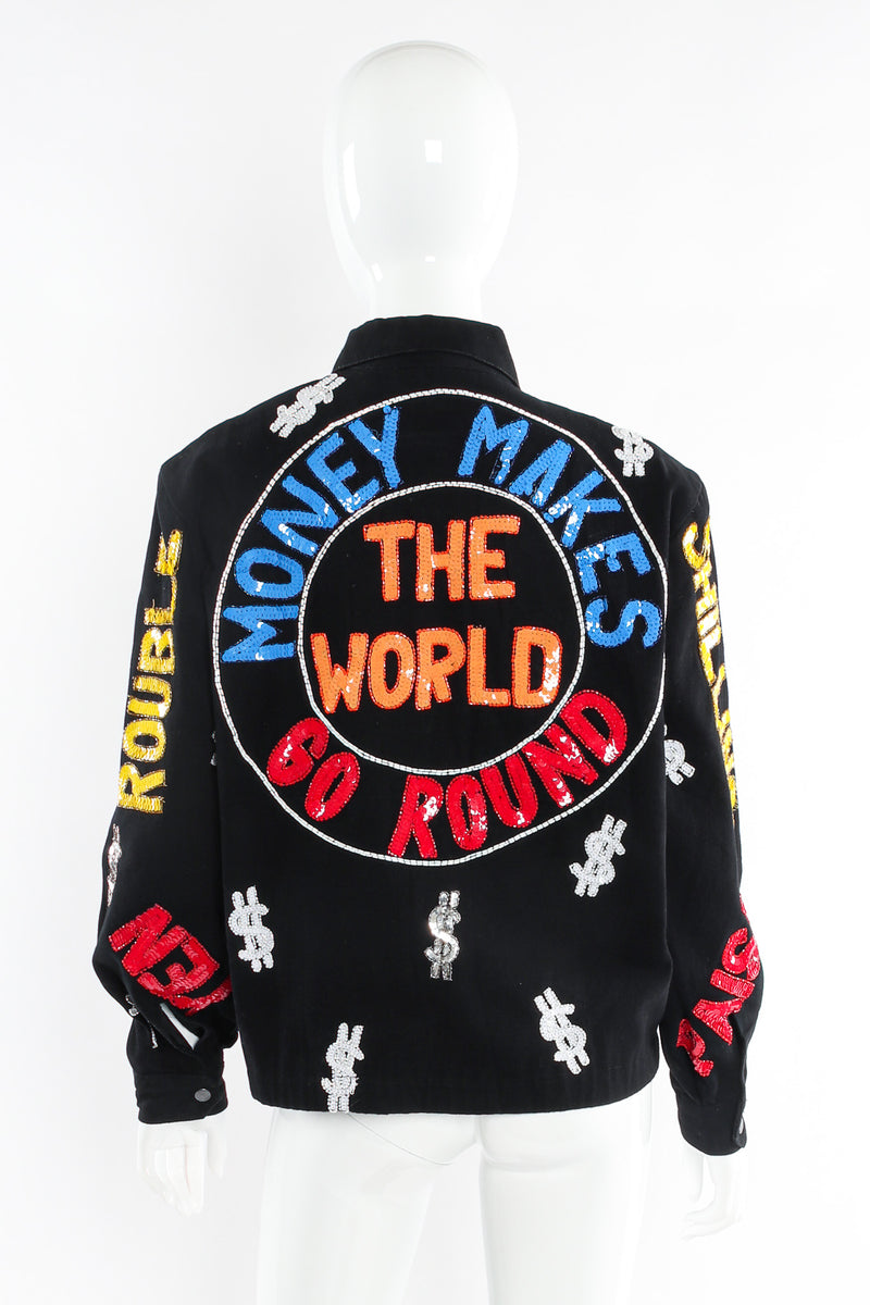 Vintage Modi World Currency Sequin Denim Jacket mannequin back @ Recess LA