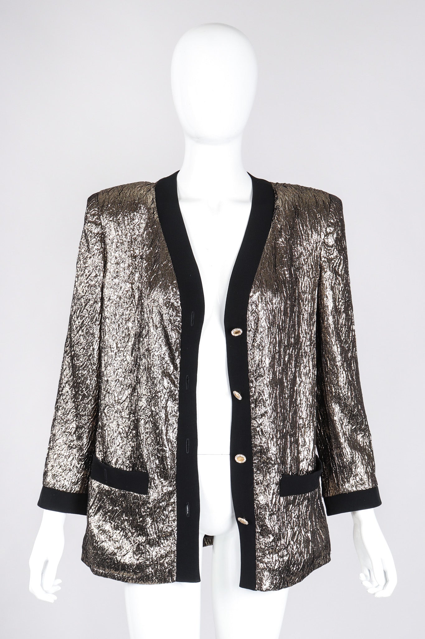 Recess Los Angeles Vintage Modica Gold Metallic Lamé Collarless Tuxedo Jacket Cardigan