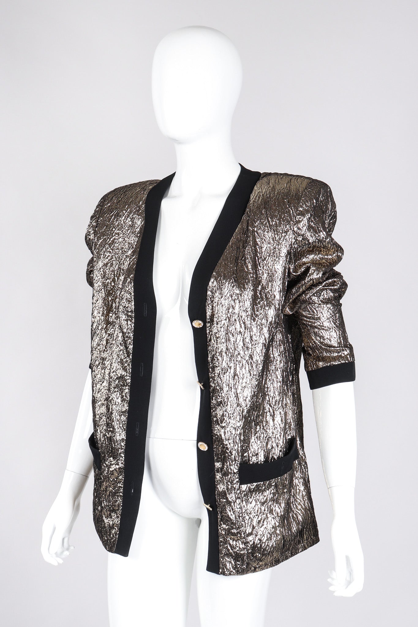 Recess Los Angeles Vintage Modica Gold Metallic Lamé Collarless Tuxedo Jacket Cardigan