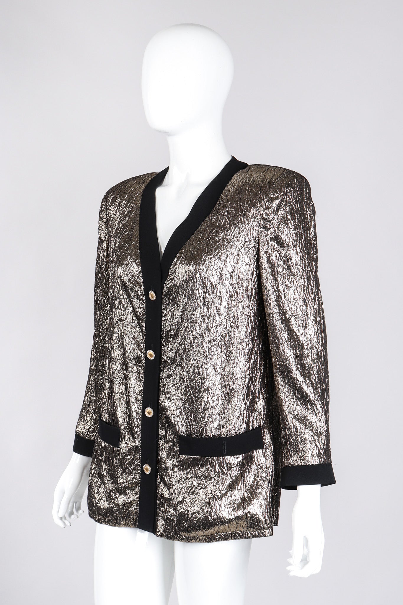 Recess Los Angeles Vintage Modica Gold Metallic Lamé Collarless Tuxedo Jacket Cardigan