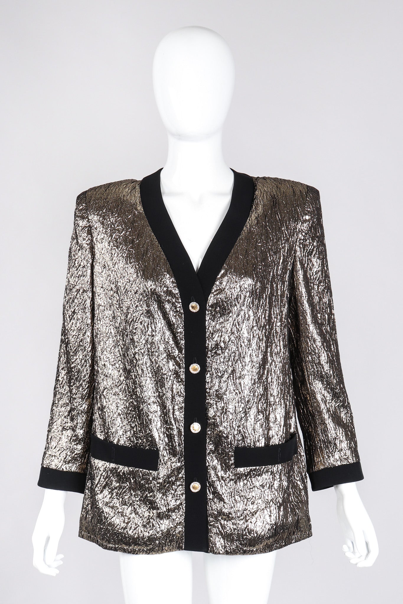 Recess Los Angeles Vintage Modica Gold Metallic Lamé Collarless Tuxedo Jacket Cardigan