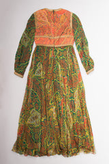 Mollie Parnis Vintage Boho Peasant Floral Print Silk Bodice Dress