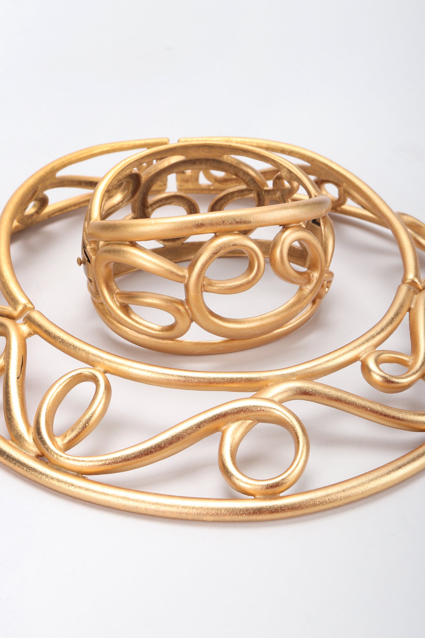 Recess Designer Consignment Vintage Monet Brushed Matte Gold Swirl Cage Cuff Bracelet Los Angeles Resale