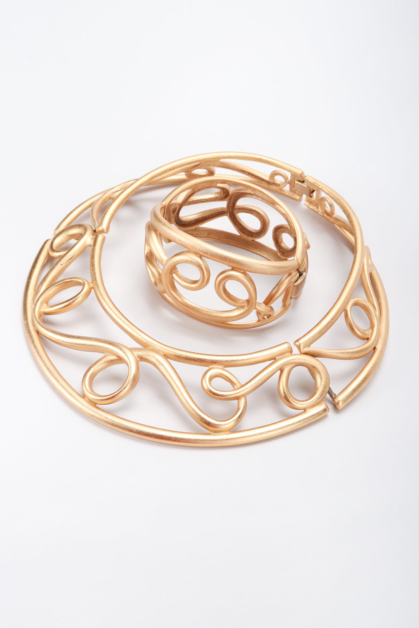 Recess Designer Consignment Vintage Monet Brushed Matte Gold Swirl Cage Cuff Bracelet Los Angeles Resale