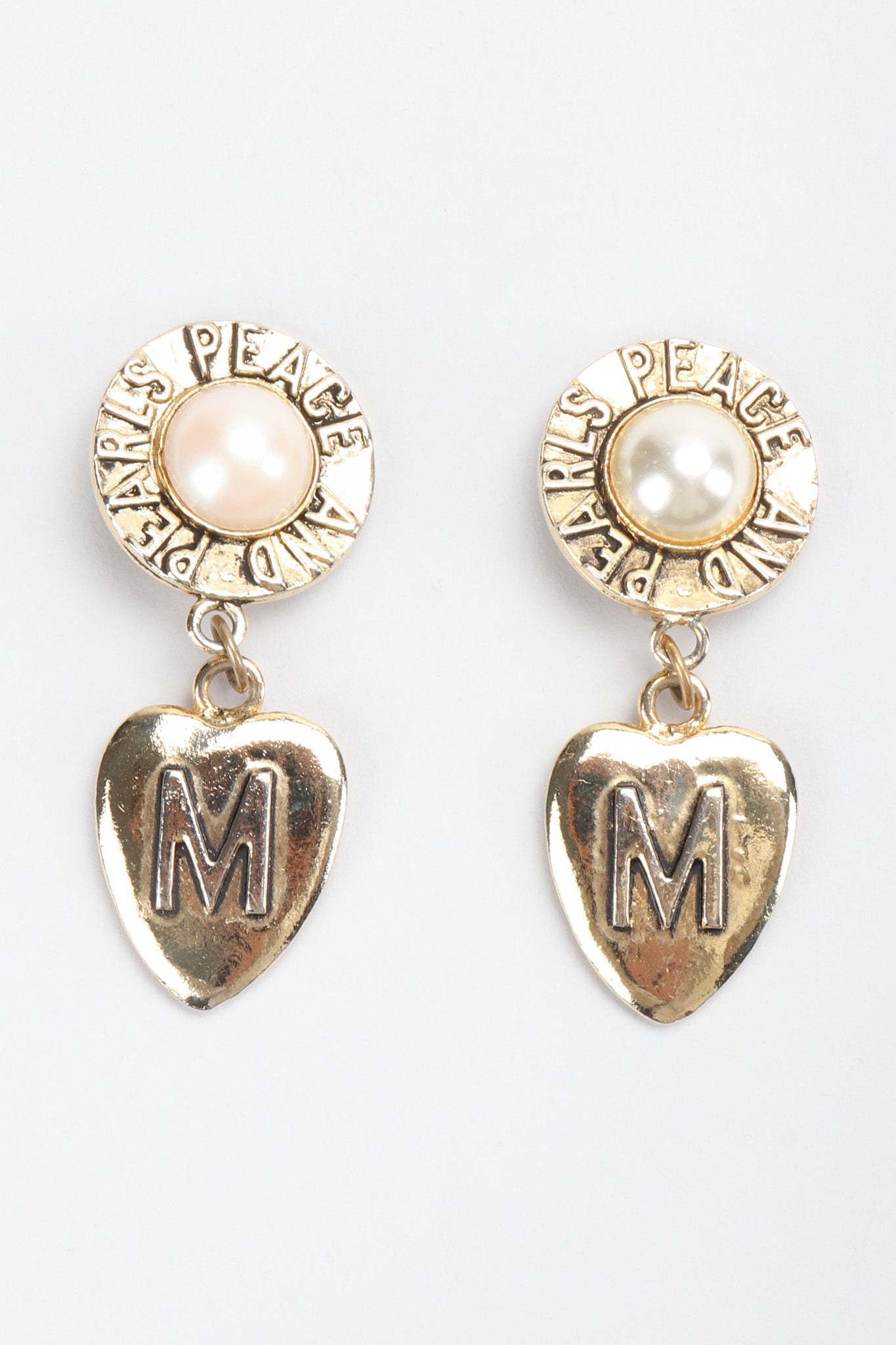 Recess Los Angeles Vintage Moschino Peace & Pearls Heart Drop Earrings