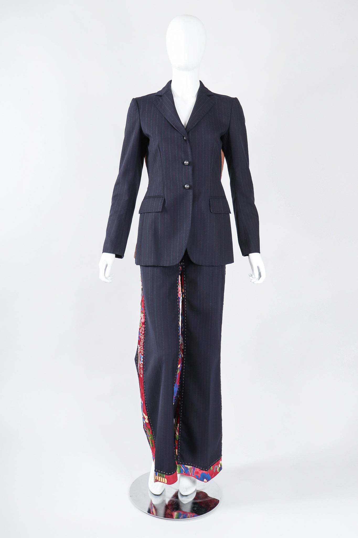 Recess Los Angeles Designer Consignment Vintage Moschino Embroidered Silk Contrast Pinstripe Trouser Pant