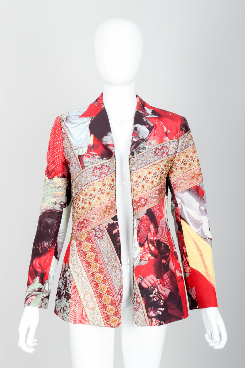 Vintage Moschino Tapestry Collage India Jacket on Mannequin open at Recess Los Angeles