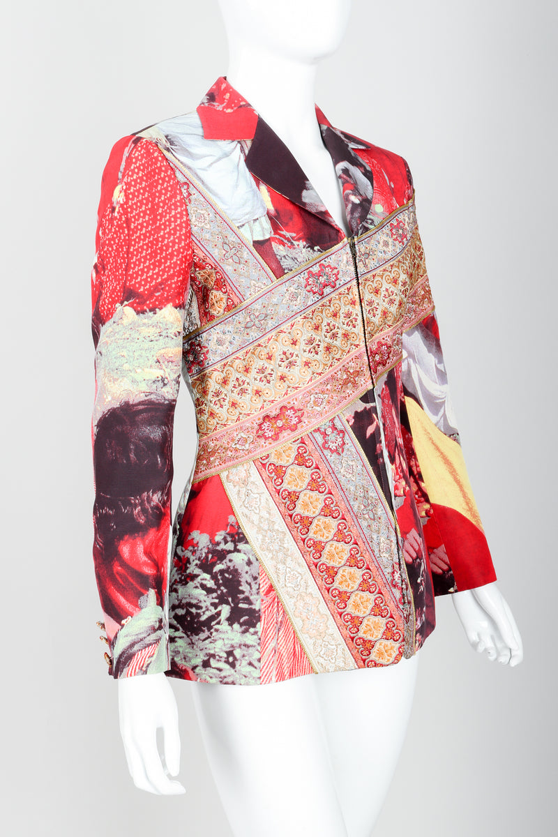 Vintage Moschino Tapestry Collage India Jacket on Mannequin angled at Recess Los Angeles