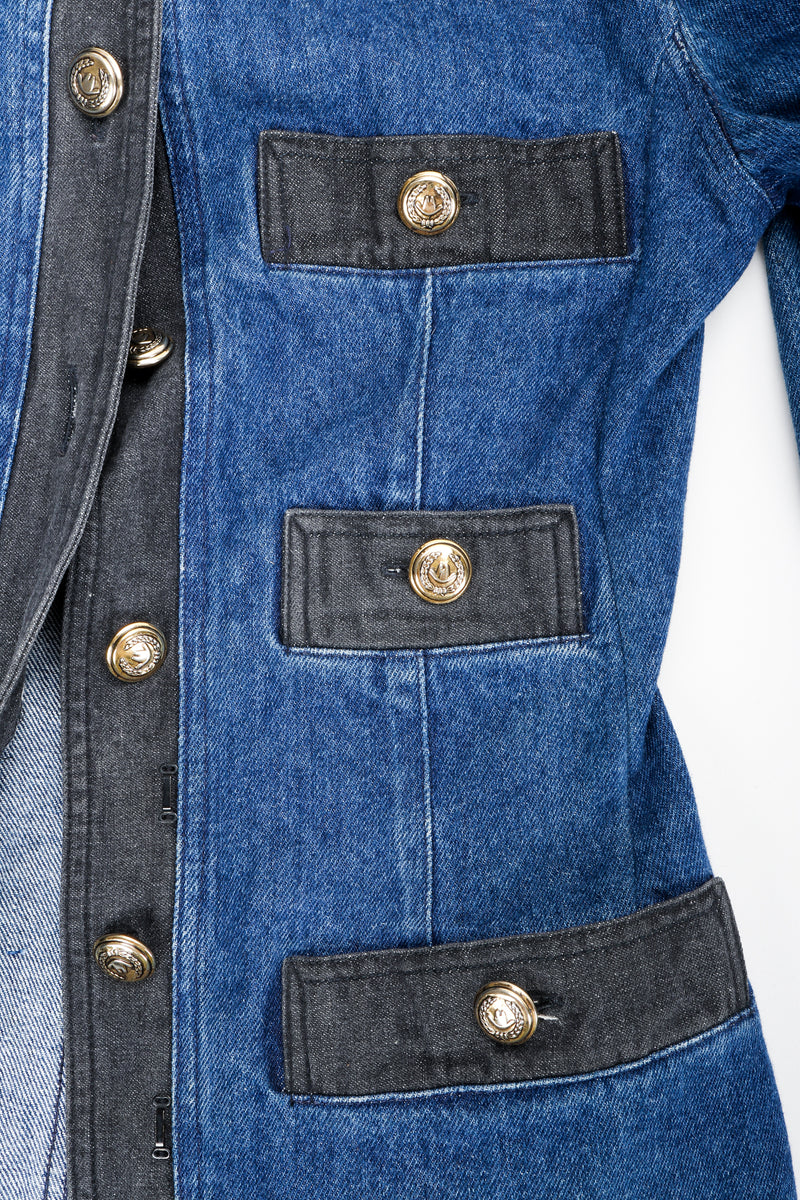 Vintage Moschino Denim Button Sheath Dress on Mannequin button detail at Recess Los Angeles