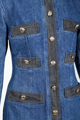 Vintage Moschino Denim Button Sheath Dress on Mannequin button detail at Recess Los Angeles