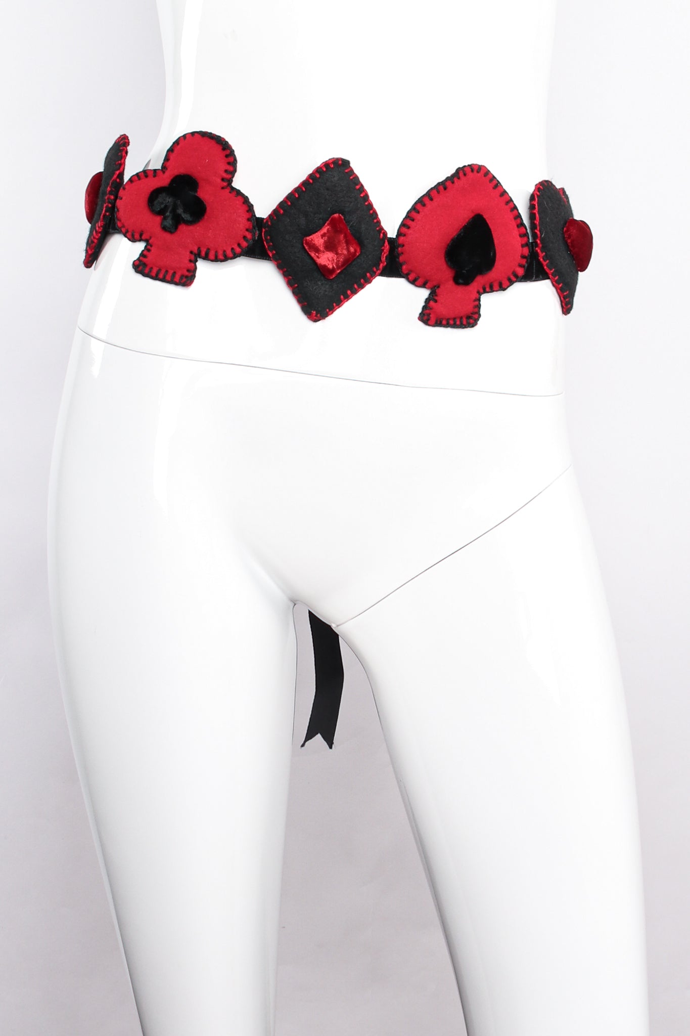 Vintage Moschino Queen of Hearts Felt Playing Card Ribbon Belt on mannequin at Recess Los Angeles