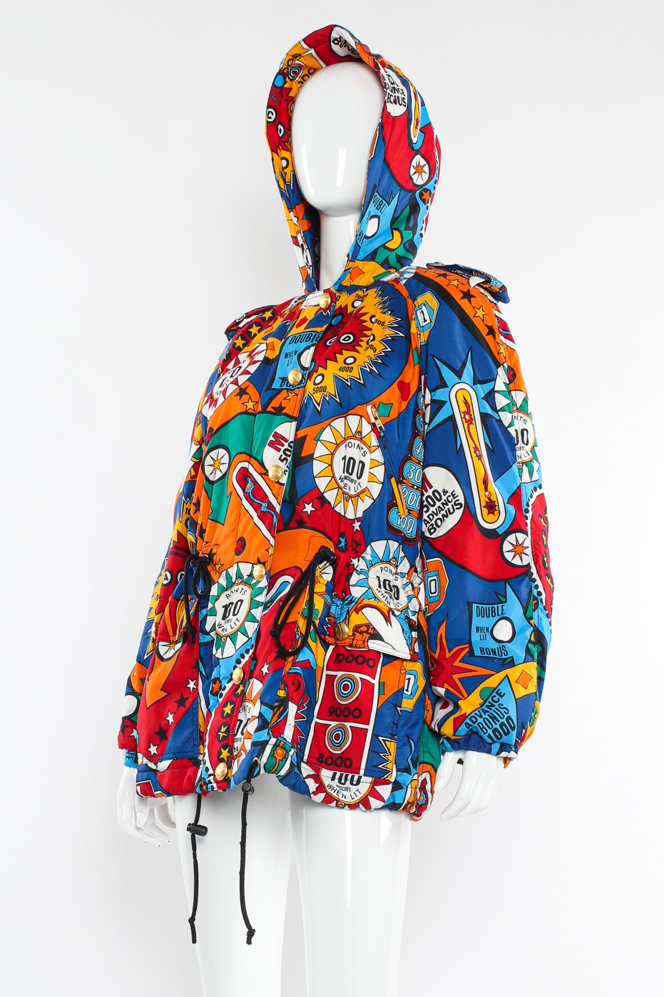 Vintage Moschino Jeans Casino Gambler Print Padded Jacket mannequin angle hood up @ Recess LA