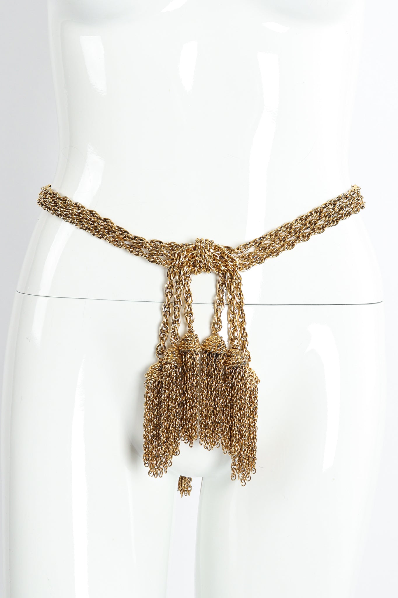 Vintage Moschino Gold Tassel Chain Belt Necklace on Mannequin at Recess Los Angeles