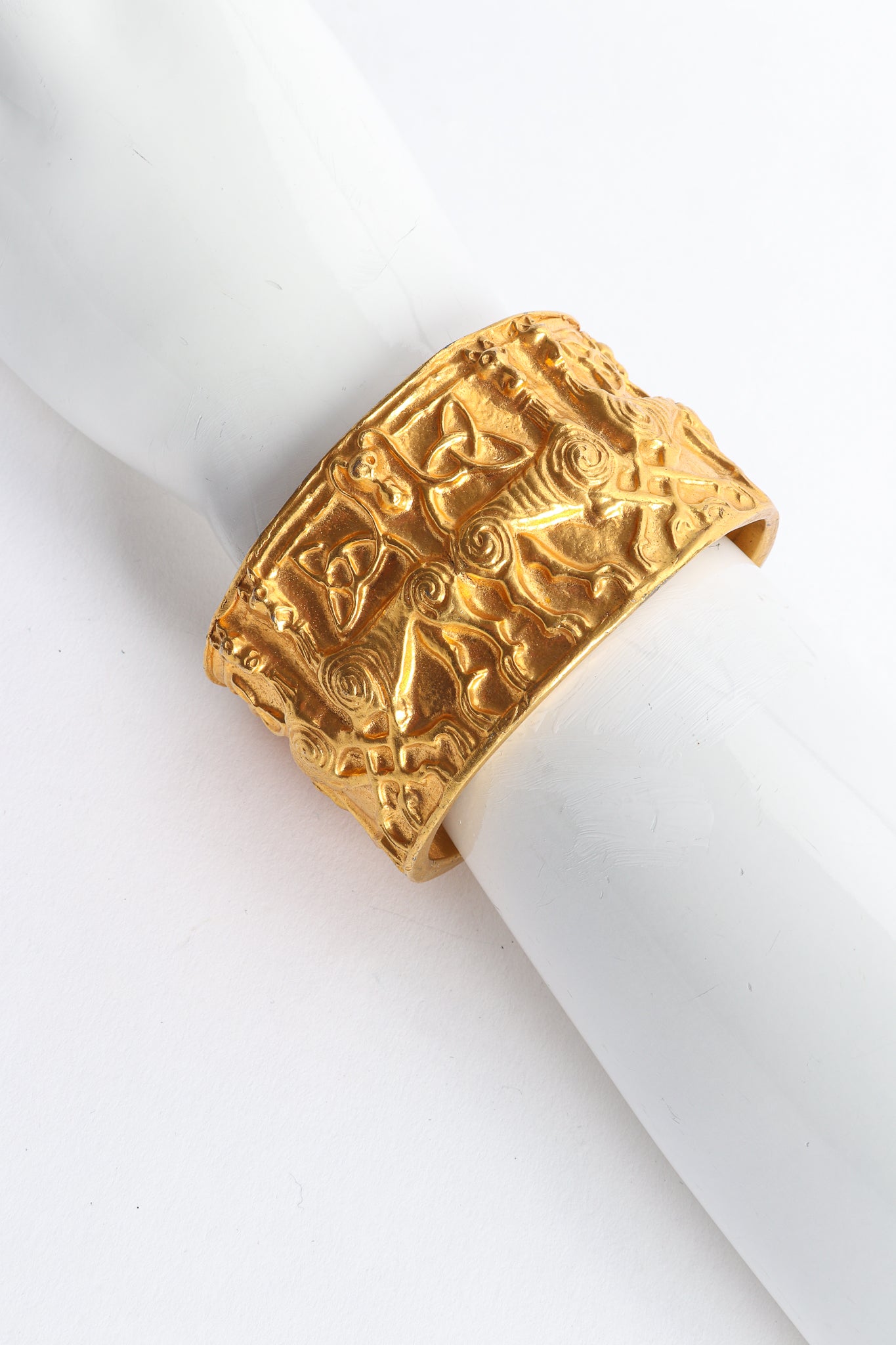 Vintage Metropolitan Museum of Art 1977 NMD Gold Xolo Dog Cuff Bracelet on arm at Recess LA