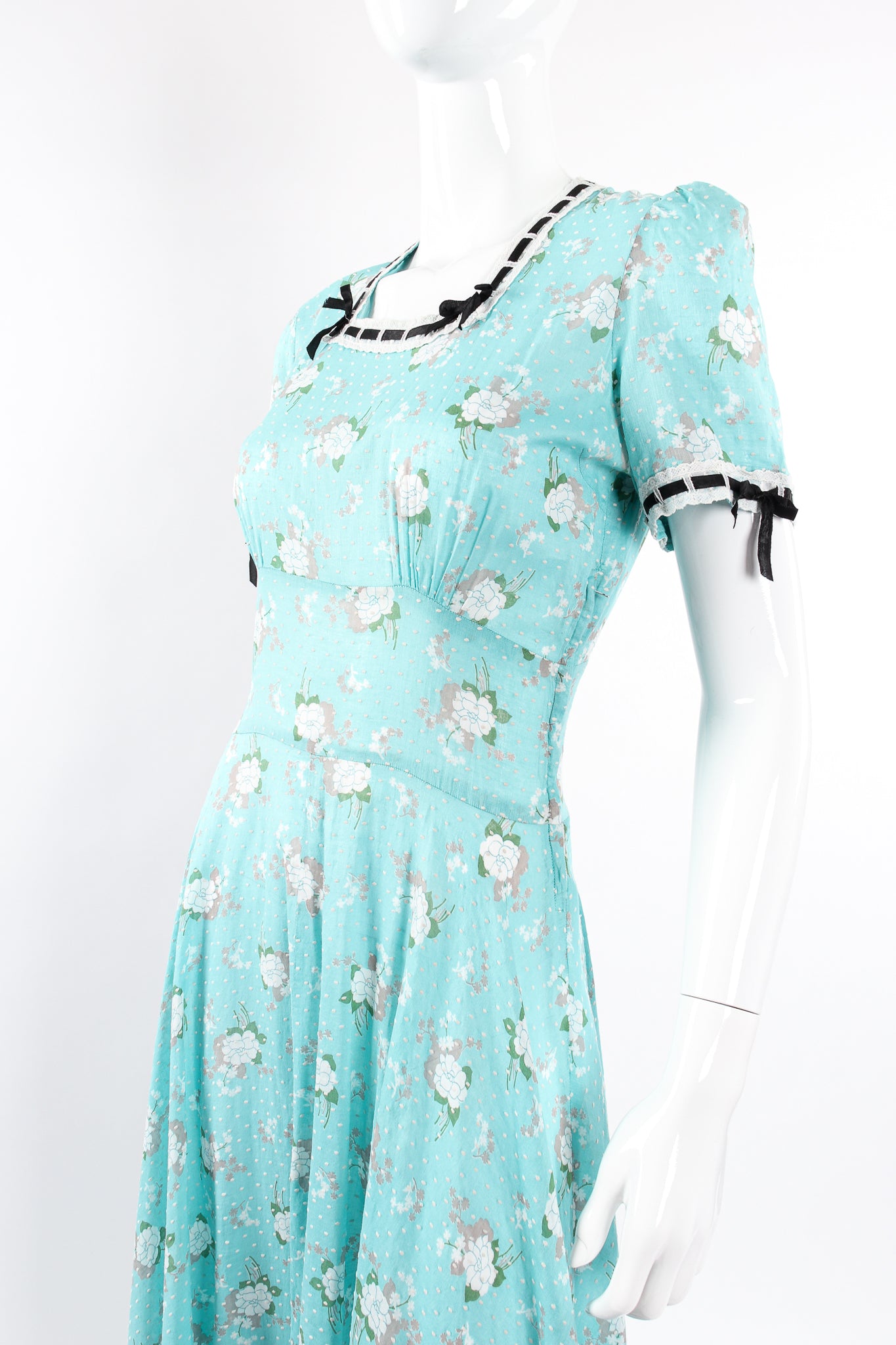 Vintage Cotton Floral Swiss Dot Maxi Dress on Mannequin angle crop at Recess Los Angeles