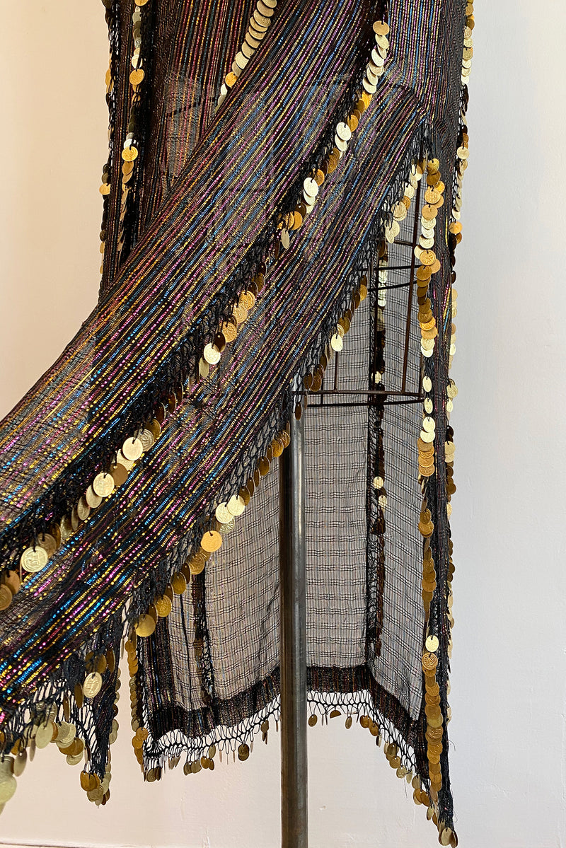 Vintage Sheer Metallic Coin Fringe Dress on Dressform Vent Hem at Recess Los Angeles