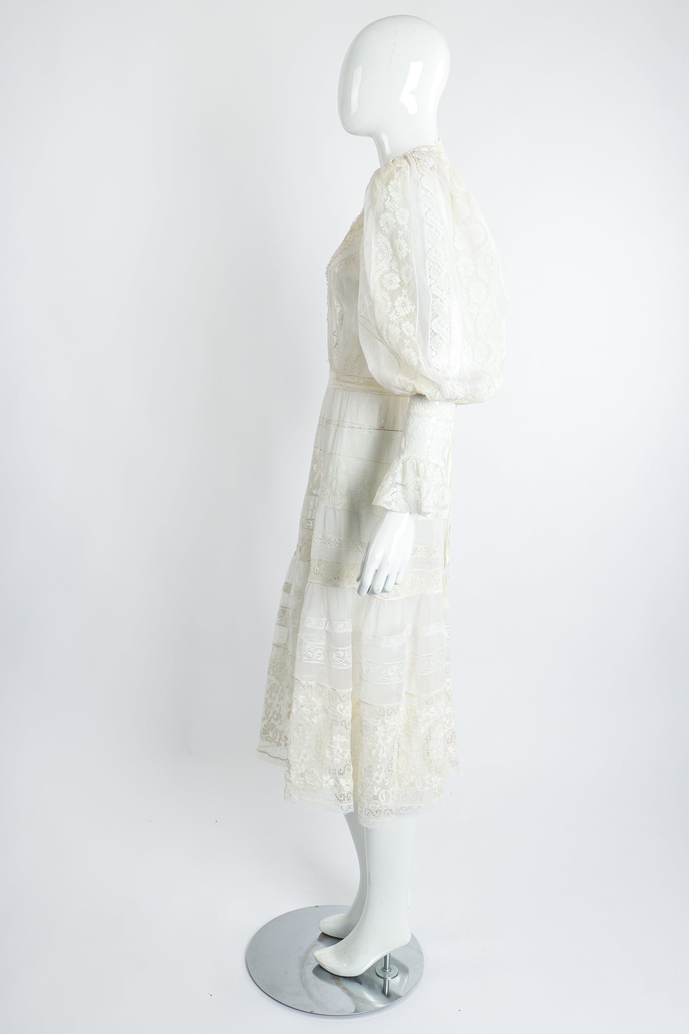 Vintage 1930s Sheer Lace Balloon Sleeve Wedding Bridal Dress on Mannequin Side at Recess LA