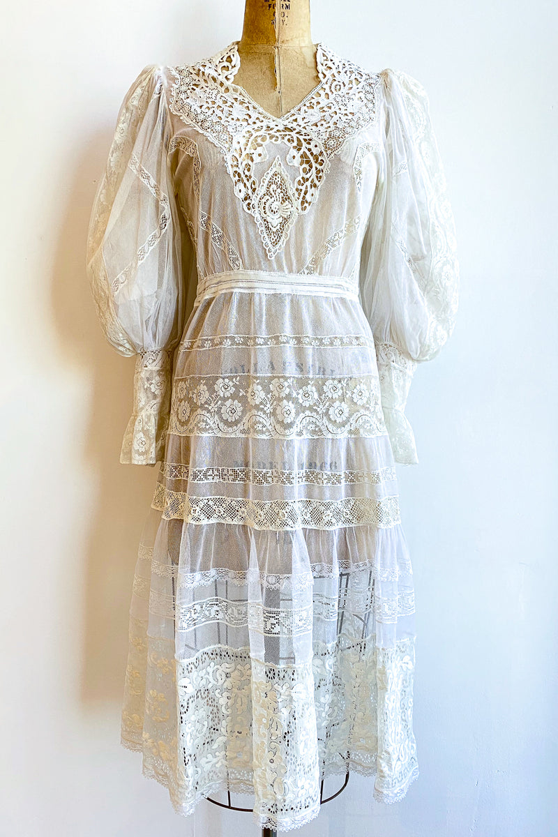 Vintage 1930s Sheer Lace Balloon Sleeve Dress Wedding Bridal on Dressform Front at Recess LA