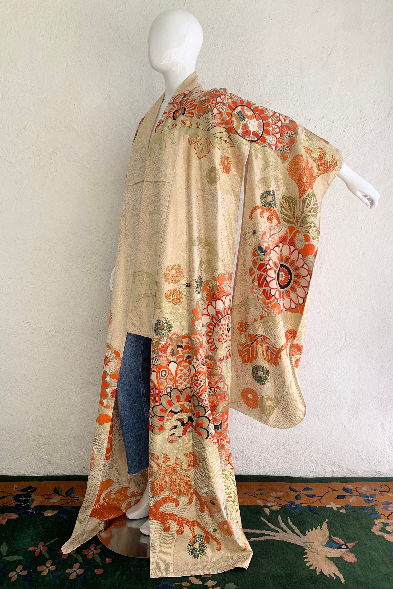 Vintage Japanese Golden Floral Wave Kimono on Mannequin side at Recess Los Angeles