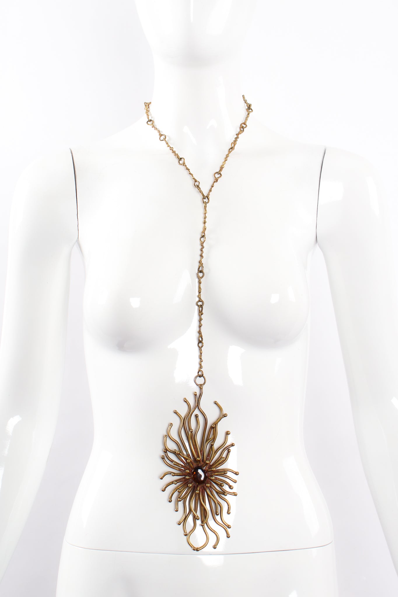 Vintage Unsigned Pal Kepenyes Brutalist Sunburst Pendant Necklace on mannequin at Recess Los Angeles