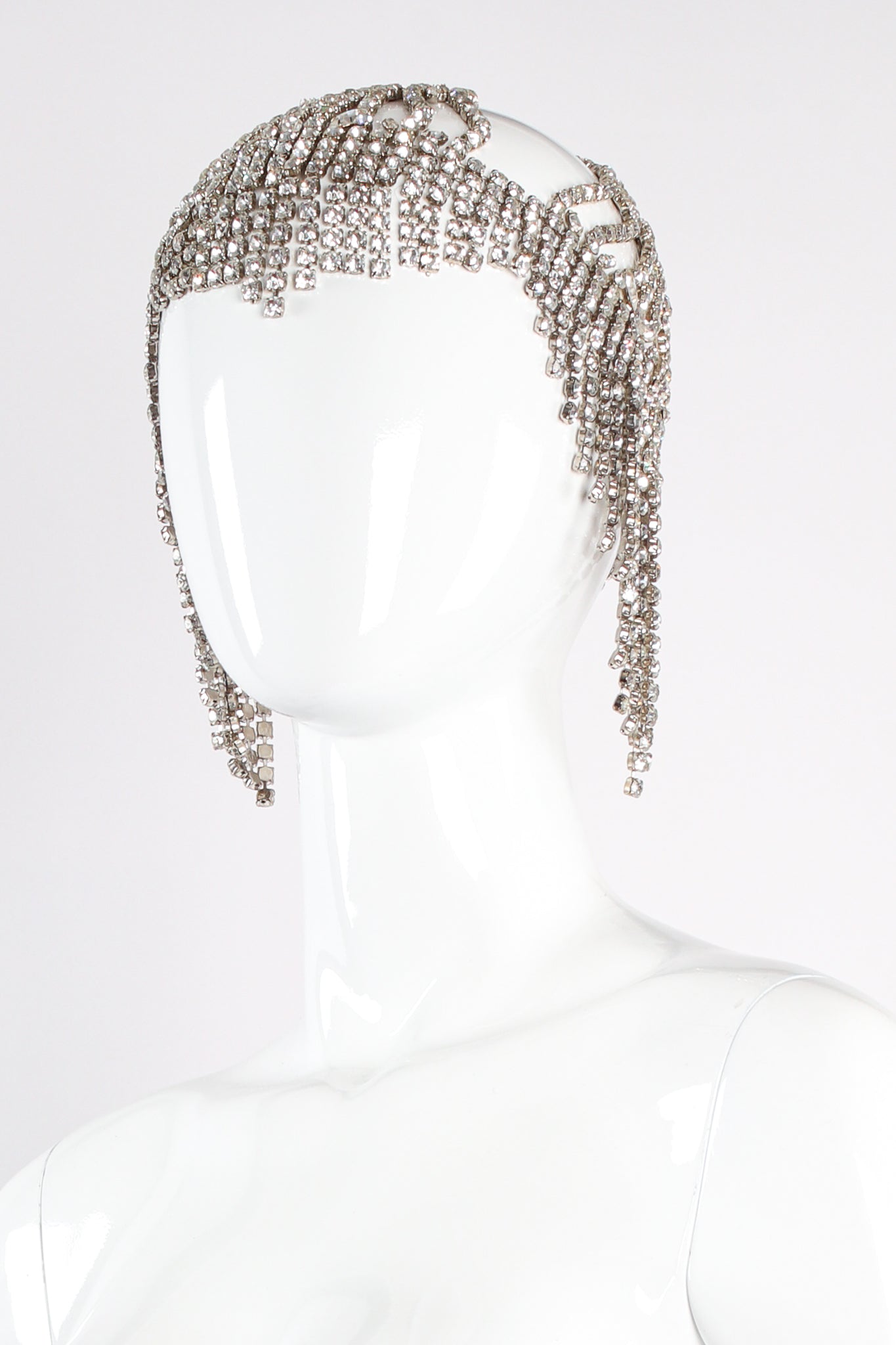 Vintage Crystal Rhinestone Fringe Headdress on mannequin front at Recess Los Angeles