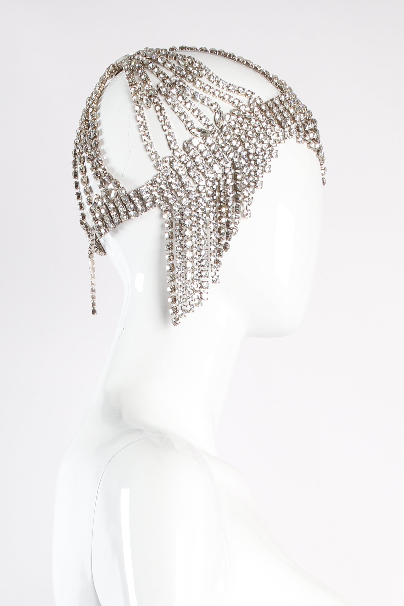 Vintage Crystal Rhinestone Fringe Headdress on mannequin side at Recess Los Angeles