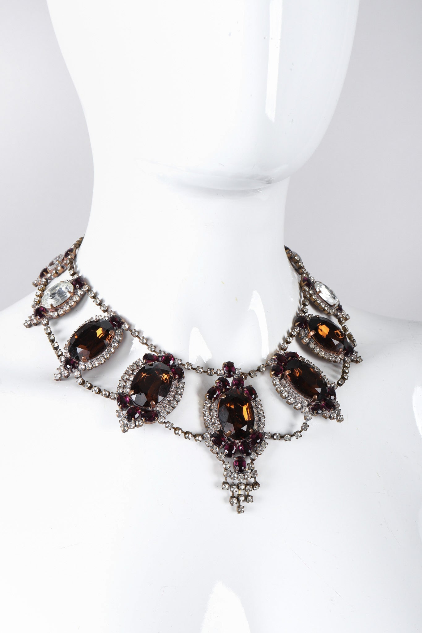 Recess Los Angeles Vintage No Label Czech Purple Amber Glass Necklace Rhinestone