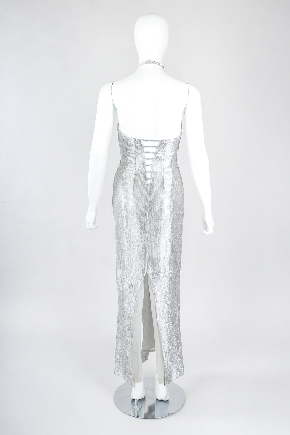 Recess Designer Consignment Vintage Richard Tyler 1990s Metal Mesh Lamé Halter Gown Los Angeles Resale