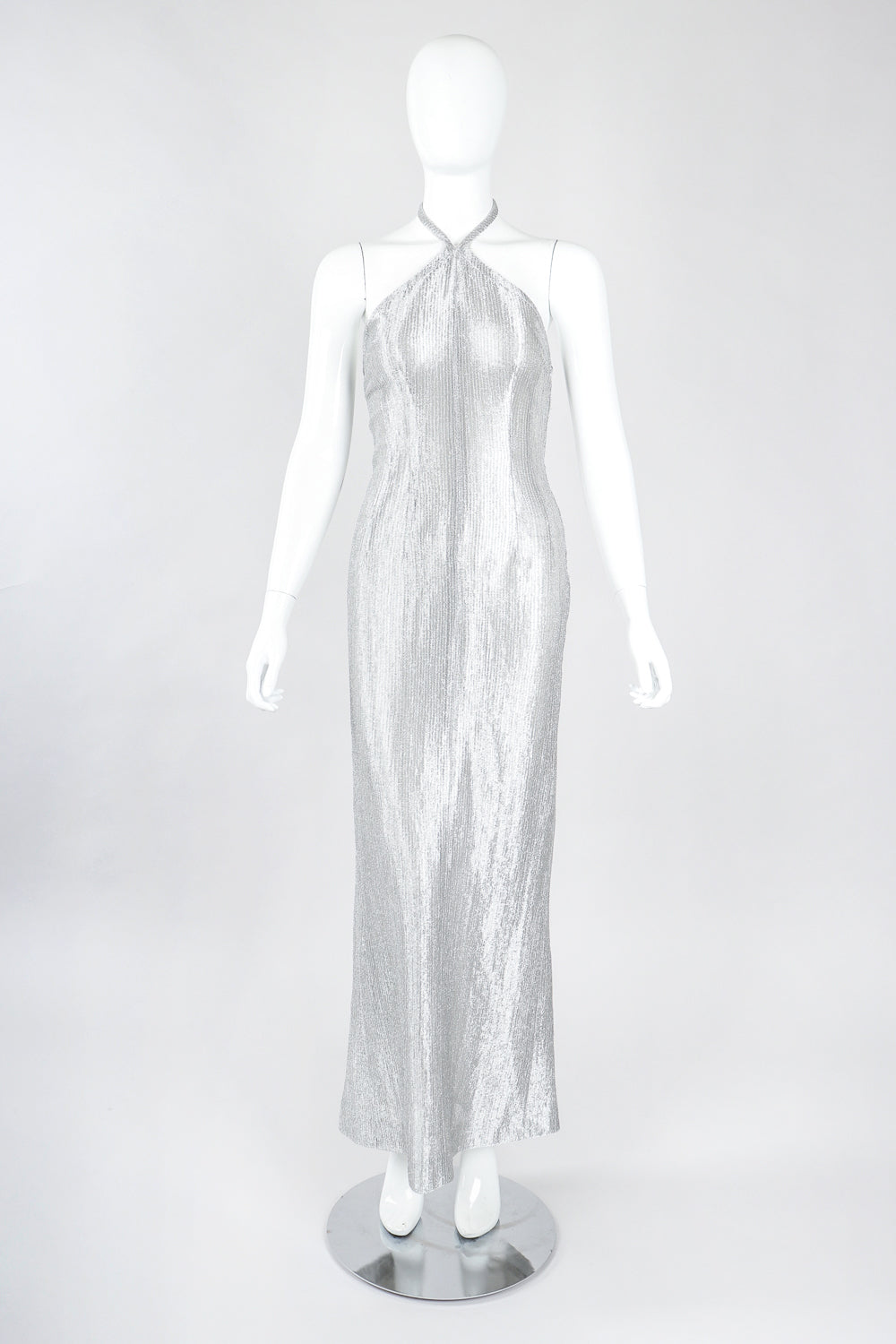 Recess Designer Consignment Vintage Richard Tyler 1990s Metal Mesh Lamé Halter Gown Los Angeles Resale