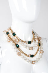 Recess Los Angeles Vintage Mixed Media Multi-Strand Tiered Emerald Pearl Chain Necklace