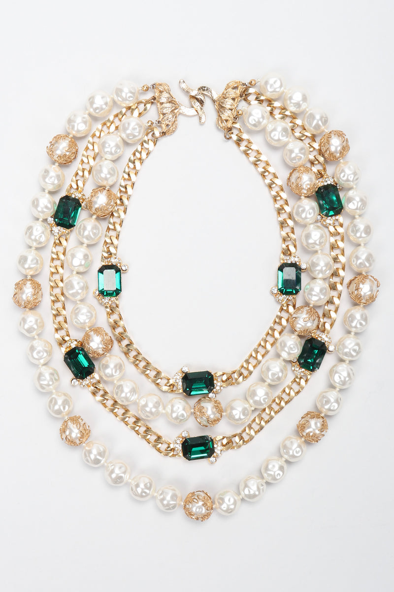 Recess Los Angeles Vintage Mixed Media Multi-Strand Tiered Emerald Pearl Chain Necklace