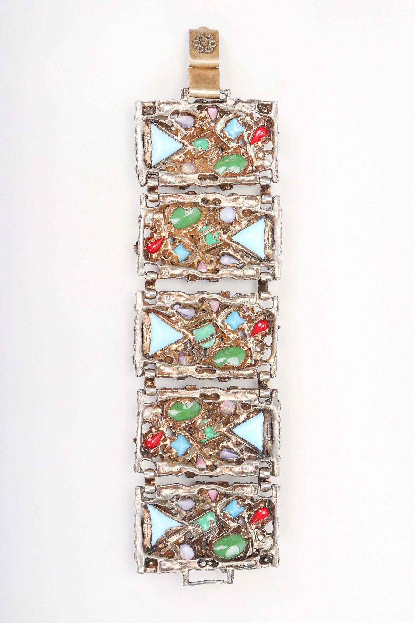 Recess Vintage Brutalist Mosaic Gemstone Hinged Metal Plate Bracelet, Backside