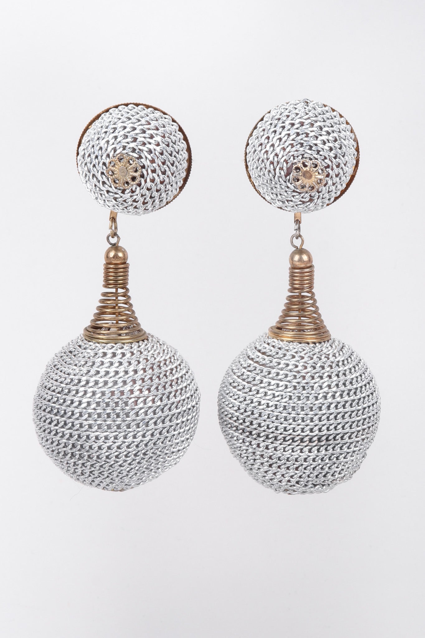 Vintage Silver Chain Wrapped Ball Drop Earrings