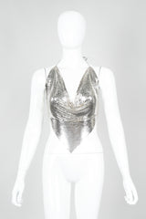 Vintage Whiting & Davis Ferrara Liquid Mercury Metal Mesh Halter Top on mannequin front, at recess