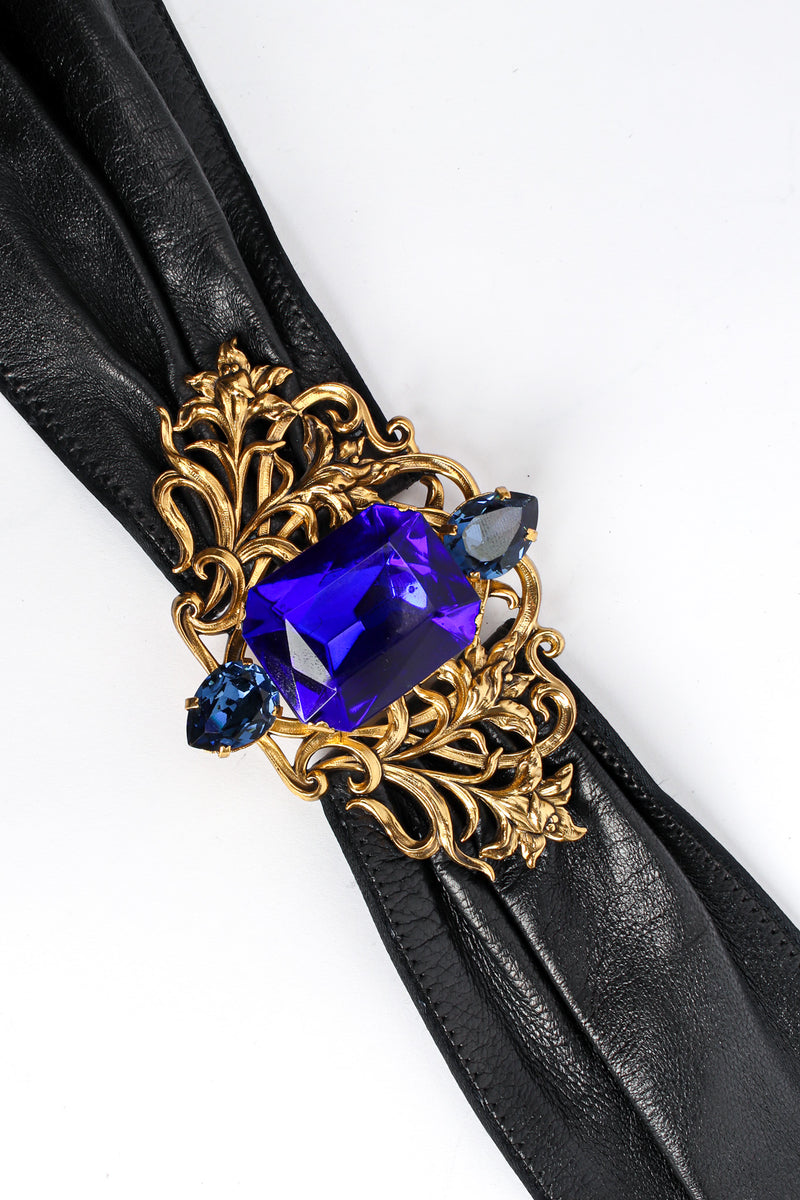 Vintage Floral Filigree Sapphire Leather Sash Belt filigree stone center piece @ Recess LA