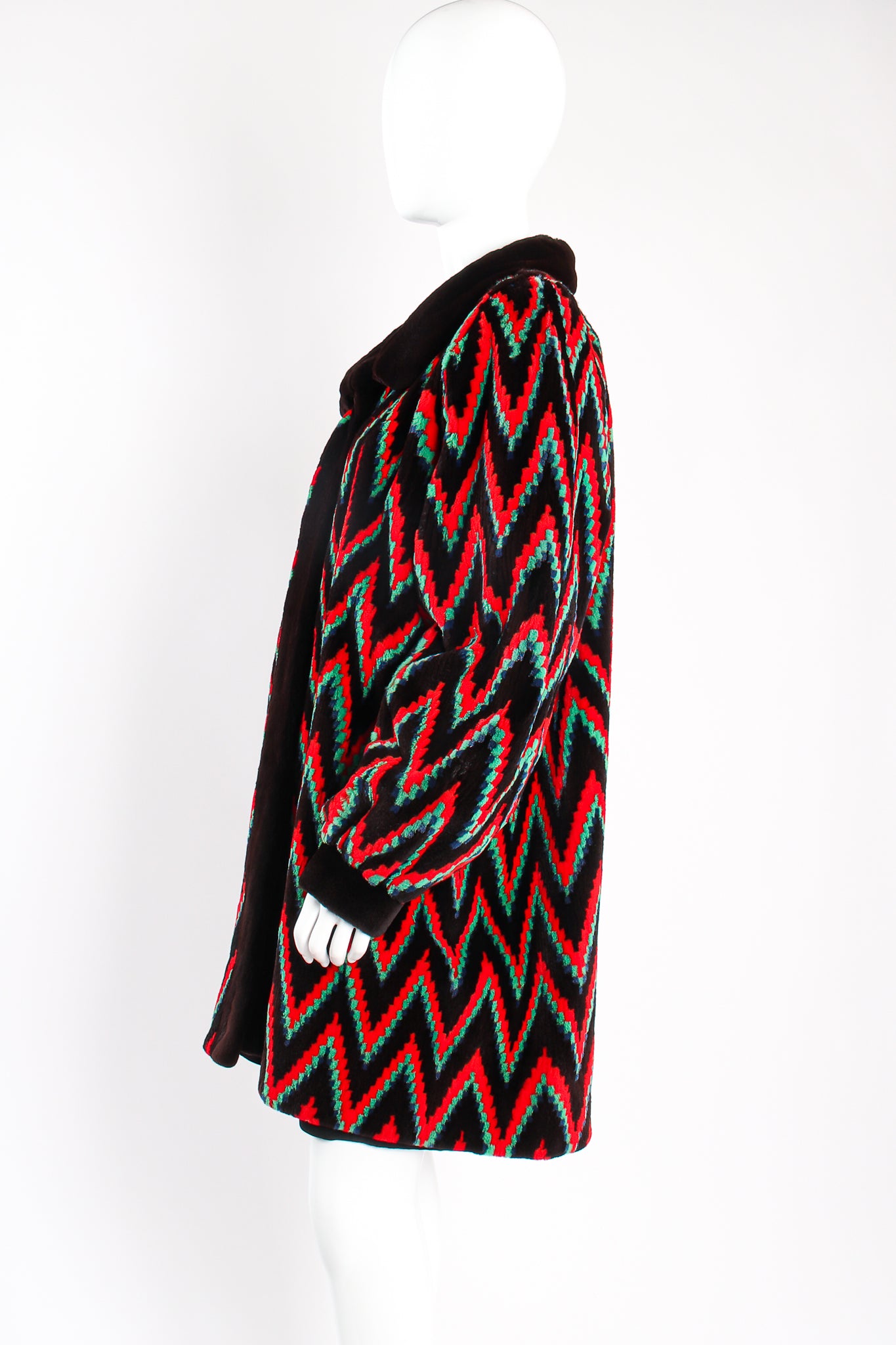 Vintage Rainbow Chevron Blanket Stripe Fur Coat on mannequin side at Recess Los Angeles