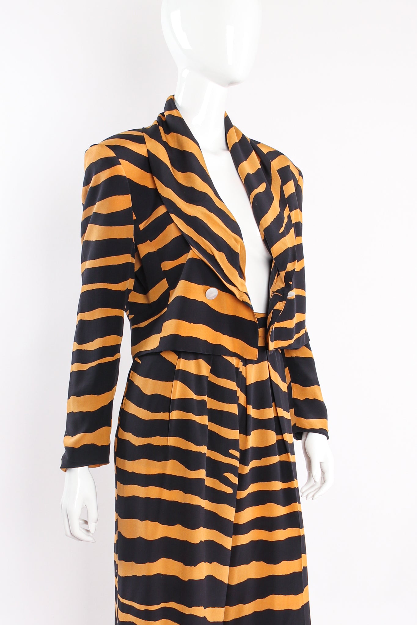 Vintage Tiger Stripe Silk Crepe Jacket & Pant Suit Set on mannequin open at Recess Los Angeles