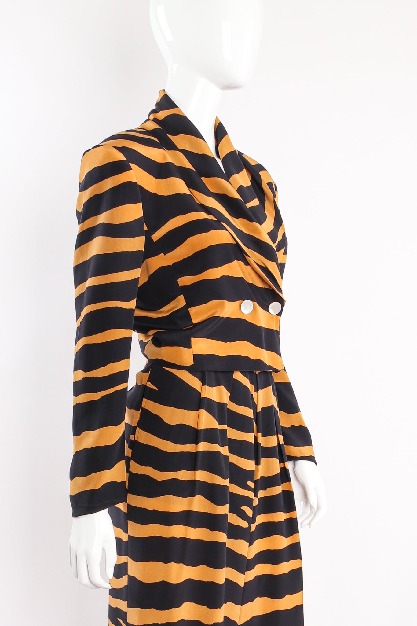 Vintage Tiger Stripe Silk Crepe Jacket & Pant Suit Set on mannequin crop at Recess Los Angeles